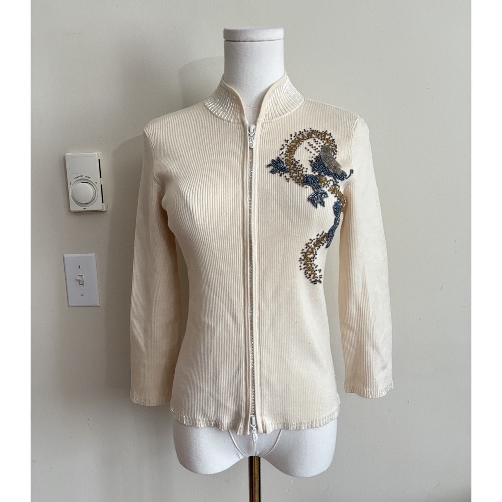 Wayne Rogers Medium Full Zip Cardigan Rib Knit Dragon Beaded Asia Inspired Y2K